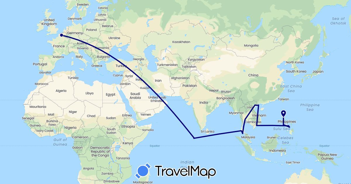 TravelMap itinerary: driving in France, Maldives, Philippines, Thailand, Vietnam (Asia, Europe)